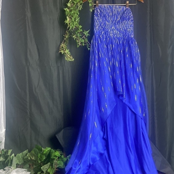 Morgan & Co. Blue Glittery Prom Dress Hi Low - Picture 2 of 8